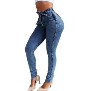 S-5XL Women Stretch Denim Jeans Solid Color High Waist Plus Size Long Trousers Europe Elastic Pencil Pants Slim Jeans