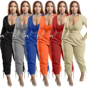 S 5xl Fall Plus Size Women’s Clothing Casual Long Sleeve V Neck Crop Top High Waist Drawstring Trousers Two Piece Pants Set