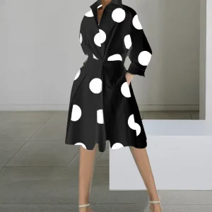 S-XXL Women’s Casual Mid Length Dress New Fashion Long Sleeved V Neck Dot Pattern Style for Ebay Aliexpress Wish for Autumn