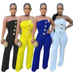 S10838 Casual Fitness Jumpsuit Solid Sleeveless Tube Top Bodycon Stretch Wide Leg Jumpsuit Stretchy Romper Bodycon One Piece