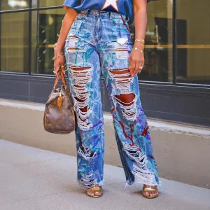 S8003 Women’s High Waist Casual Denim Straight Jeans Pants Hollow Tassel