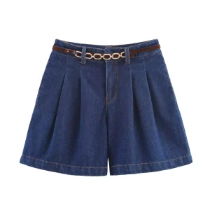 SHENZHU Fashionable and Versatile Summer New Women’s Denim Pleated Belt High Waist Shorts 6164112 6164109
