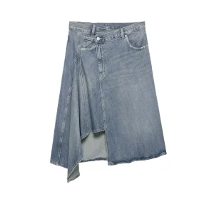 SHENZHU Spring New Women’s Casual Style Metal Button Zipper Mid Waist Asymmetrical Hem Denim Skirt 5252090