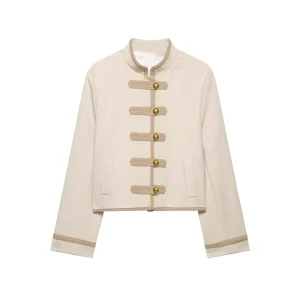 SHENZHU Spring New Women’s Fashionable Versatile Padded Shoulder Rope Knot Button High Neck Long Sleeve Jacket 8917101