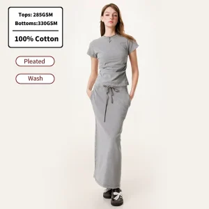 SS26D075 Vintage Pleated Plain Women’s T-Shirt Set 100% Cotton A-Line Skirt Top Puff Printing Custom