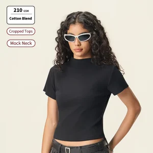 SS26D083 Manufacturer Mock Neck Women’S Crop Top 210GSM High Quality Cotton Blend Plain T Shirts Custom Logo