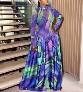 STOCK 4Colors Print Women’s Dress Zipper Back Sheer Mesh Patchwork Maxi Dress Long Sleeve Plus Size Robe S 2XL