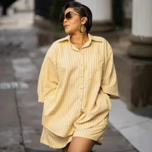 STOCK Stripe Print Women’s Two Pieces Set Buttons Down Shirt Top and Boyleg Short Set Plus Size Beachwear S 2XL