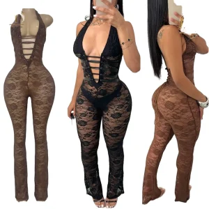 SU3648 Women’s Elegant Solid Bodycon Jumpsuits Rompers Lace Hollow Back Sexy Spring Bodysuit Strap Slim Fit Skinny Jumpsuit