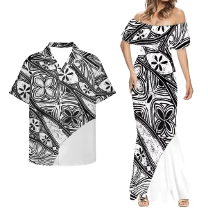 Samoan Fiji Men’s Shirts and Cocktail Dress 2pcs Polynesian Tribal Tattoo Pattern Plus Size Women’s Dresses Summer Couples Cloth