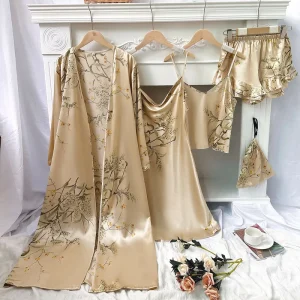 Satin Five Piece Set Printed Cherry Loungewear Pajama Thin Robe Strap Shorts Strap Skirt Set Silk Pajamas Sets for Women