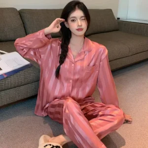 Satin Silk Nightgown Women Long Sleeve High Quality Woman Baju Tidur Homewear Striped Pijamas Mujer Sleepwear Luxury Pajamas Set