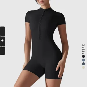 Sea Rhythm Women’s Plus Size Sports Dance Fitness Jumpsuit Solid Color High Elastic Half Zipper Short Sleeve Spandex Nylon Tight