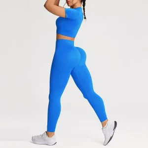 Seamless Lightweight Breathable Yoga Set Women’s Ribbed Shorts Workout Outfit Solid Peach Lifting Activewear with Front Logo
