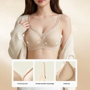 Seamless Wireless Bra French Lace Trim Fixed Cup Double Shoulder Strap Push Up Lingerie Bralette Women Underwear