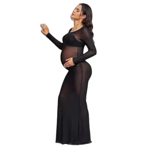 See through High elastic Mesh Maternity Wear Round Neck Slim fitting Floor length Dress for Maternity Photos