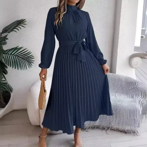 Self Tie Waist Pleated Midi Dress Stand Collar Long Sleeve Satin Formal Cocktail Dress for Women