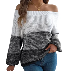 Sexy Autumn Double Breasted Off the Shoulder Patchwork Casual Women’s Pullover Knit Sweater Criss cross Collar Lower Hem Logo