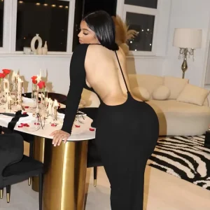 Sexy Backless Black Sheath Dress Comfortable Long Sleeve Midi Dress Women