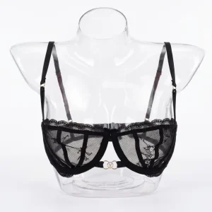 Sexy Black Sheer Floral Lace Balconette Bra Hollow Front Gold V Ring Decor Thin Adjustable Strap Wire Free Single Bra
