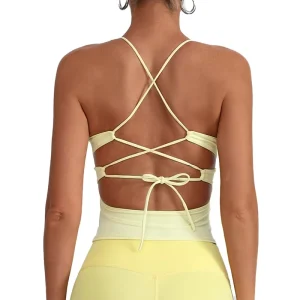 Sexy Criss Cross Open Back Breathable Simple Sports Bra with Bow Tie Side Cutout High Stretch Halter Yoga Top Women’s Fitness
