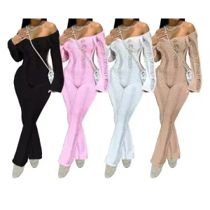 Sexy Fashion Women’s Knitted Jumpsuit Solid Hollow Strapless Long Sleeve Backless Jumpsuit Women’s Elegant Jumpsuit