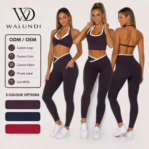 Sexy Halter Neck Yoga Wear Set Women V Waist Leggings Side Pockets Contrast Piping Gym Workout 2 Piece Set Custom Logo