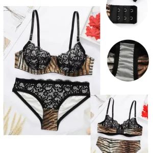 Sexy Hollow Low-Rise Padded Printed Bikini Underwear Set European American Style Lace Women’s Wire-Free Support Adjusted Straps
