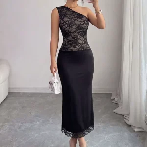 Sexy Hollow out Back Lace Spliced Transparent Dress for Women Evening Party Gown