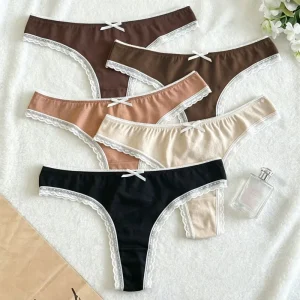 Sexy Lace Knitted Embroidered Thin Solid Breathable Cotton Women’s T Back Thong Low Rise Underpants