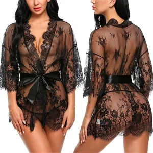 Sexy Lace Nightwear Erotic Lingerie Sleepwear Women Summer See Through Sleep Dress Solid Lace Pajamas Bath Robe Dress Nightgown