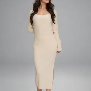 Sexy Ladies Slim Fit Bodycon Knit Sweater Dress Long Sleeve Side Slit Women’s Square Neck Fashion Knitwear