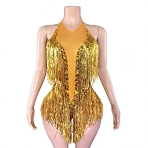 Sexy Red Fringe Sequin Ballroom Dance Women’s Bodysuit Luxury Crystal Halter Backless Stage Wear Drag Queen DJ Costume