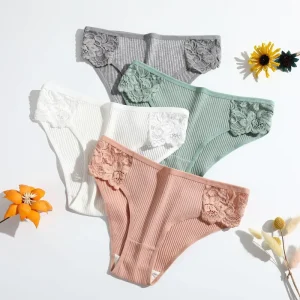 Sexy Ribbed Cotton Panties Women Soft Lace Trim Briefs Breathable Mid Waist Ladies Underwear Knickers Bulk Pack