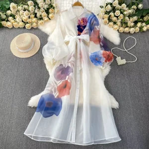 Sexy Sheer Chiffon Lapel Dress Women’s Fall Bell Sleeve Tie Waist Slim Long Gown Fashion Women Clothes