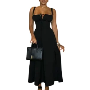 Sexy Solid Color Strap Slim Waist A-Line Women Party Dresses Elegant Black Casual Dresses for Lady