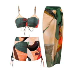 Sexy Split Swimsuit 3 Piece Set Strappy Bralette High Waist Shorts Chiffon Beach Wrap Skirt Eco Friendly Breathable Front