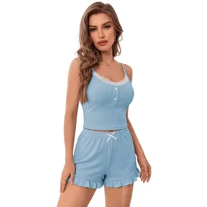 Sexy Striped Lace Trim Breathable Suspender Shorts Pajamas Set Women’s Homewear