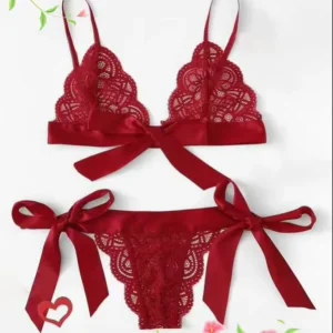 Sexy Temptation 2 Piece Women’s Underwear Set Strap Style with Embroidery Cute Bow Transparent Slutty Lace Lingerie