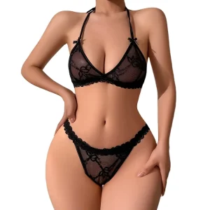 Sexy Temptation Exotic Underwear Valentine’s Day Halter Bra and Thong Panties Lace Lingerie Sets