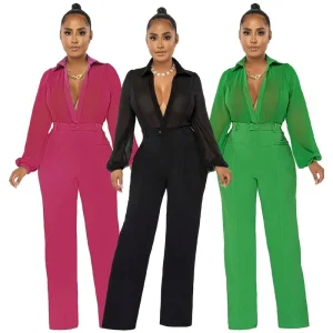 Sexy Women Jumpsuits Trendy New Autumn Fashion See Through Chiffon Knitted Jumpsuit