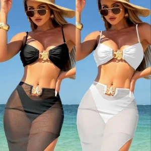 Sexy Women Swimwear Female Swimsuit Three pieces Bikini Set with Mesh Sarong Bather Bathing Suit Swim Lady