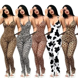 Sexy Women’s Animal Print Jumpsuit Leopard Zebra Cow Giraffe Pattern Sleeveless V Neck Backless Bodycon Long Romper