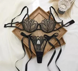 Sexy Women’s Black Lace Woven Breathable 3D Embroidery Thin 2 Piece Lingerie Uniform Nightclub Adult Bra Set