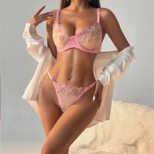 Sexy Women’s Bra Set Featuring Lace Sheer Fabric Floral Embroidery and a Push Up Design for a Pure and Alluring Look