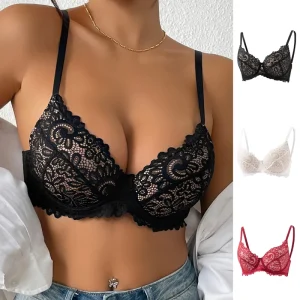Sexy Women’s Lace Floral Design Lingerie Underwire 3/4 Cup Push-Up Bra Back Closure Bras with Thin Adjustable Shoulder Straps