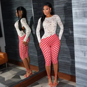 Sexy Women’s Polka Dot Print Jumpsuit Lace Patchwork Backless Skinny Fit Long Sleeve Romper Slim Fit Clubwear Playsuit