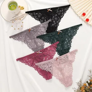 Sexy Women’s Thong Underwear Lace Transparent Hollowed T back Low Waist Cheeky with 3D Embroidery and Custom Logo