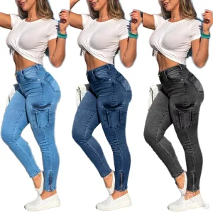 Sexy Zippered Pencil Jeans Women’s Pants Multi Pocket Slim High Quality Fashion Denim Pant
