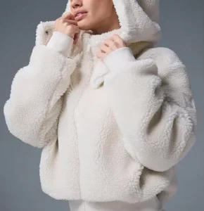 Sherpa Fleece Zipper Solid Stand Collar Hooded Casual Jacket Windproof Autumn Winter Women’s Streetwear 100% Polyester